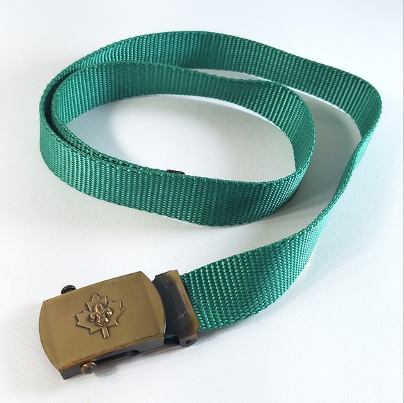 Vintage 90's Boy Scouts of Canada Brass Buckle Green Web Belt - Picture 1 of 8